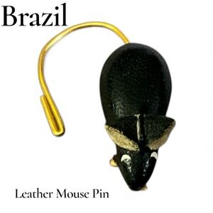 Brazil Black Leather and Gold Toned Metal Mouse Pin Brooch Very Small Vintage